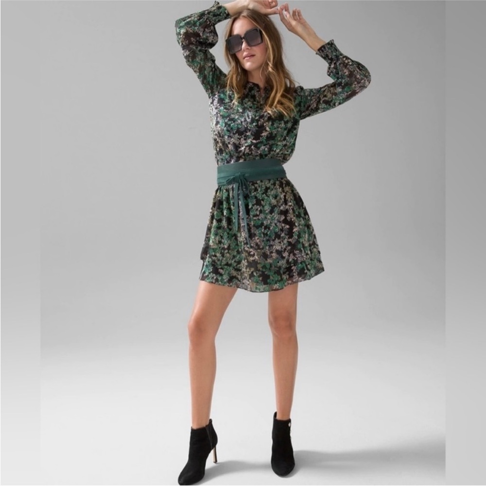 White House Black Market Smocked Blouson Dress‎ Size S Black Green